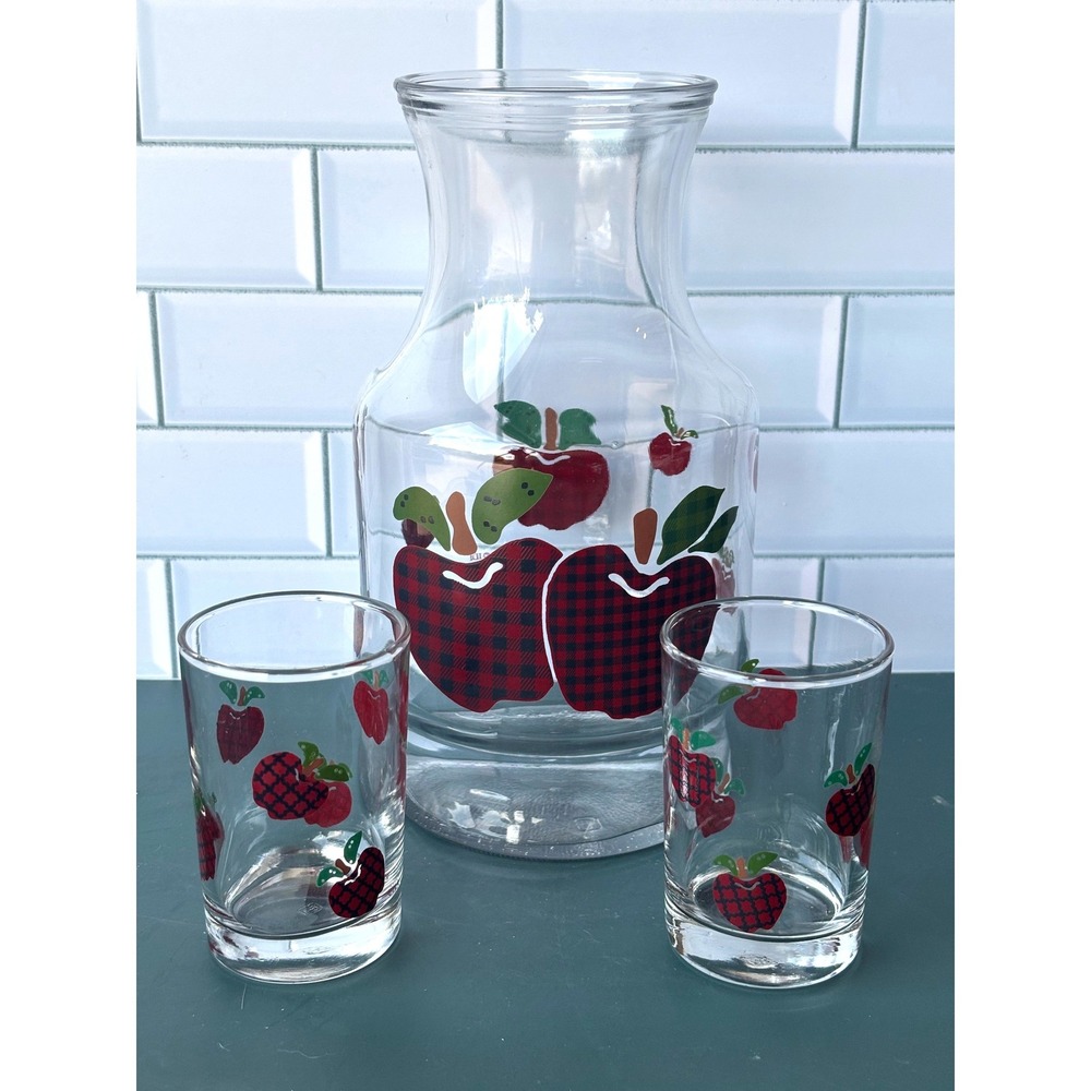 Vintage IDI Plaid Apple Glass Carafe and 2 Juice Glasses Set Red Black Buffalo